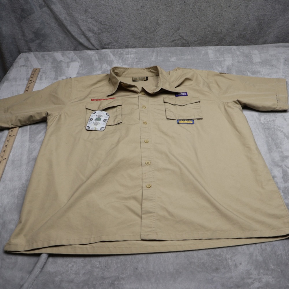 Boy Scouts of America Shirt Mens XL Beige Short Sleeve Scouting Uniform Patches
